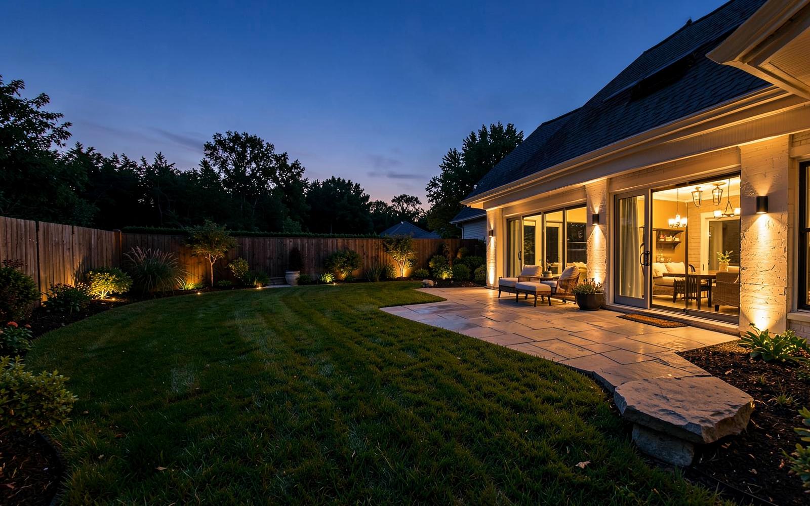 Completed backyard at dusk with landscape lighting